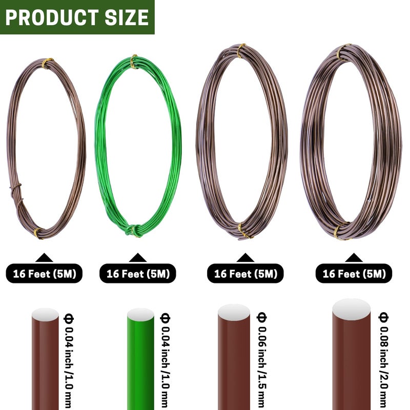 ZELARMAN Wire Bonsai Tree, 4 Rolls Total 64Ft Aluminum Bonsai Training Wire Set for Indoor 1.0MM, 1.5MM, 2.0MM - Image 2